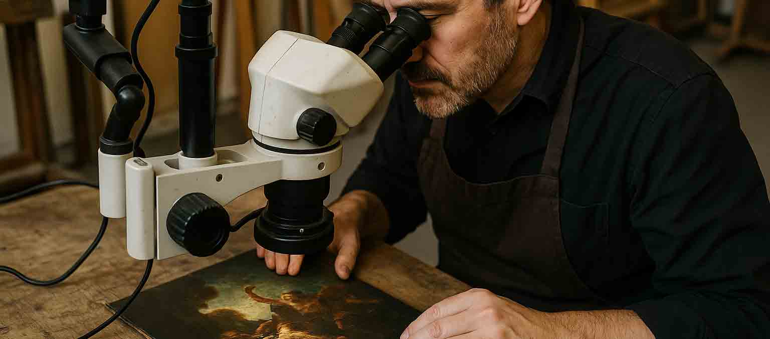 Conservateur-restaurateur d'art observant une peinture ancienne à travers un stéréomicroscope pour analyser les détails de l'œuvre.