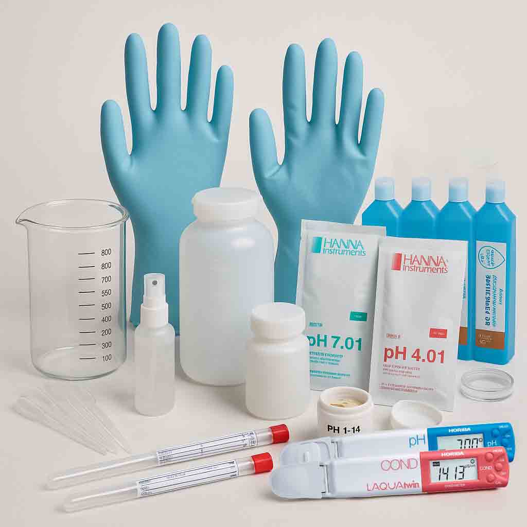 Kit de matériel pour conservateur-restaurateur d'art, comprenant gants, pH-mètre LAQUAtwin, conductimètre LAQUAtwin, solution de conductivité, boîtes de pétri, solutions tampons, bandelettes, pipettes, écouvillons, flacons et bécher gradué.