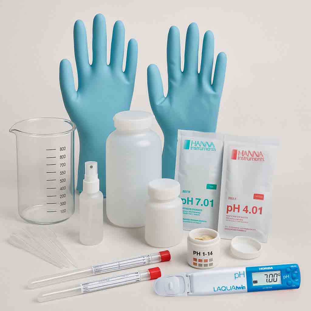 Kit de matériel pour conservateur-restaurateur d'art, comprenant gants, pH-mètre LAQUAtwin, solutions tampons, bandelettes, pipettes, écouvillons, flacons et bécher gradué.