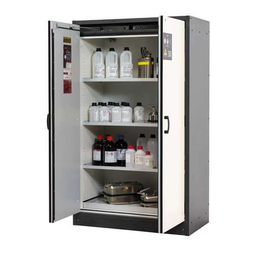 Armoire à solvants haute, 30 min, Q-CL, ASECOS®, 1947x564 mm, 3 étagères , 1 bac, 1 caillebotis blanc