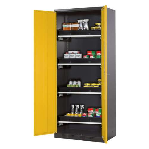 Armoire CS-CLASSIC, portes pleines, H=1950mm, L=810 mm, 4 étagères coulissantes, 1 bac de rentention