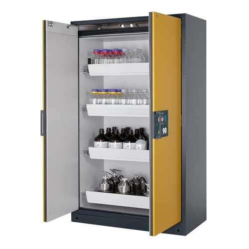 Armoire de sécurité 90 minutes,PEGASUS, stockage solvants, portes battantes fermeture automatique, 4 tiroirs