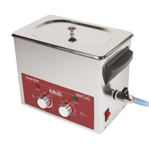Bain à ultrasons Emmi H30, EMAG®, cuve inox, minuterie, IP32, Vol. 2.6L, 120W de chauffe, robinet vi