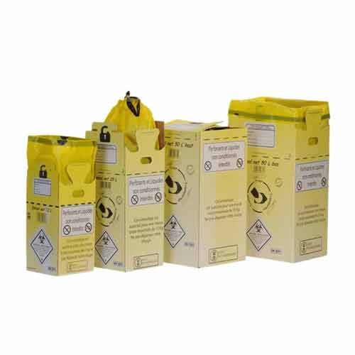 Caisse carton avec sachet jaune pour déchets d’activité de soins à risques infectieux, MEDIPROTEC®