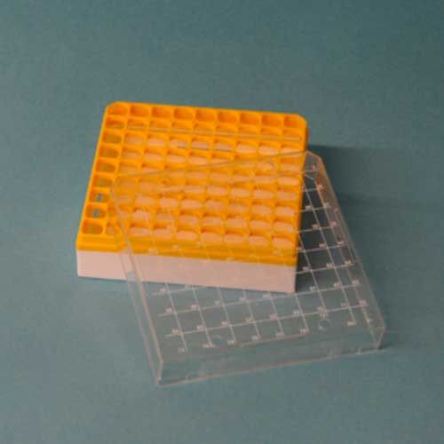 Cryoboite pour cryotubes congelable en PC, avec couvercle, rack jaune numéroté, LAB-ONLINE®