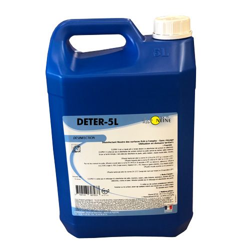 Détergent désinfectant surfaces (matériaux, équipements et mobiliers) contre bactéries et virus, prêt à l'emploi, sans rinçage, bidon de 5 L