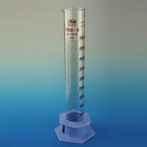 Eprouvette verre borosilicaté avec pied et collerette en plastique, graduation brune, volume 500 mL