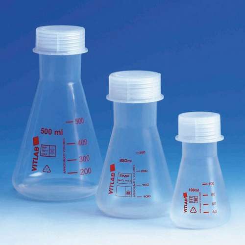 Fiole en PMP (TPX®) erlenmeyer, avec bouchon à vis