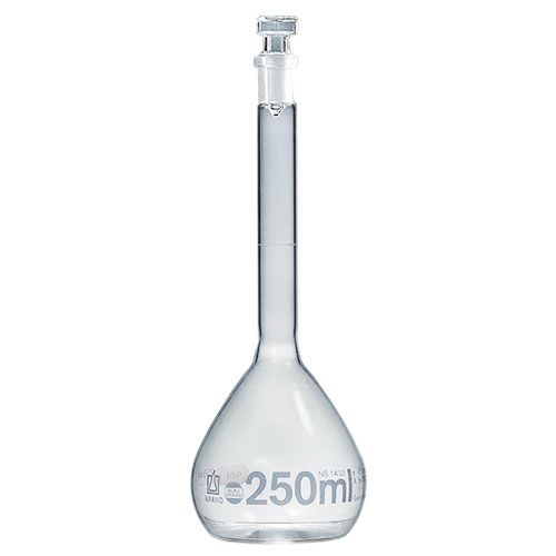 Fiole jaugée, classe A, en verre borosilicaté 3.3 avec bouchon en verre