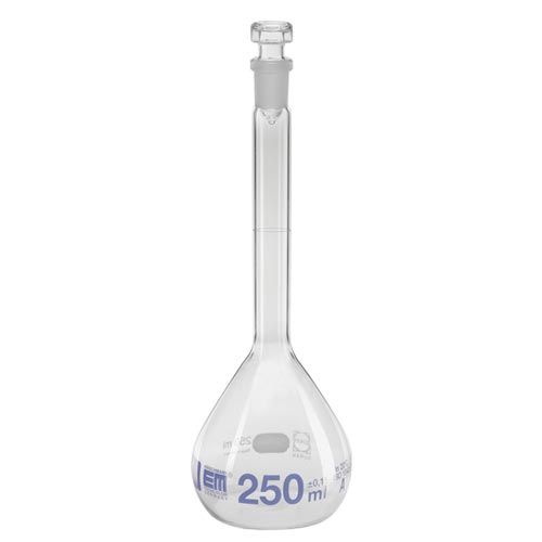 Fiole jaugée en verre Duran, HIRSCHMANN®, classe A, avec graduations bleues et bouchon en verre