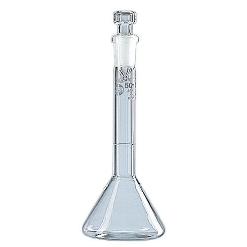 Fiole jaugée rodée, forme trapèze, en verre DURAN, classe A, avec bouchon verre