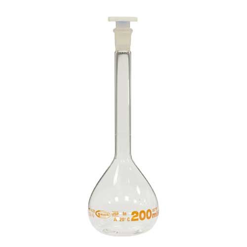 Fiole jaugée verre borosilicaté 3.3 blanc, LAB-ONLINE®, classe A, graduations brunes, bouchon PP, gamme économique