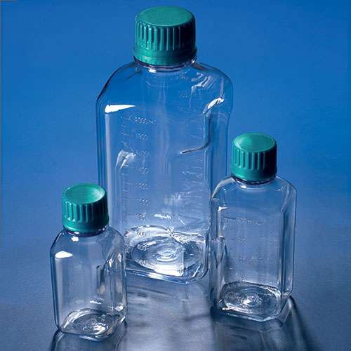 Flacon carré, col étroit en polycarbonate transparent, AZLON®