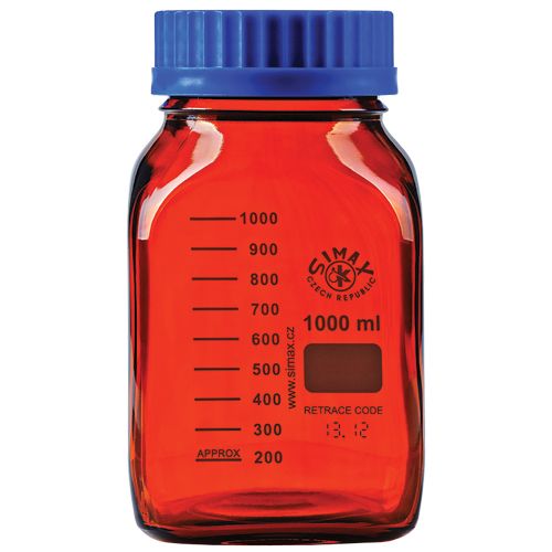 Flacon carré ISO en verre brun (inactinique) borosilicaté 3.3, avec bouchon et bague anti-goutte