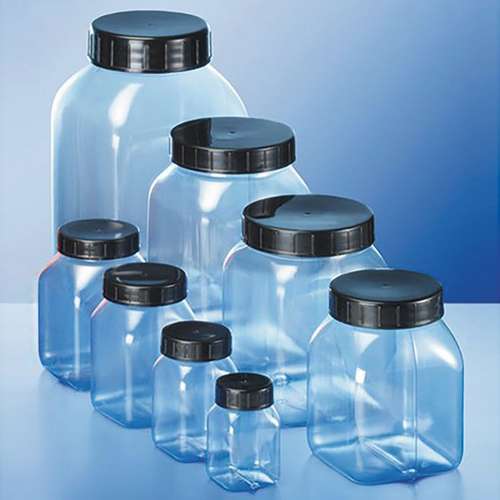 Flacon en polychlorure de vinyle (PVC) transparent, carré, col large