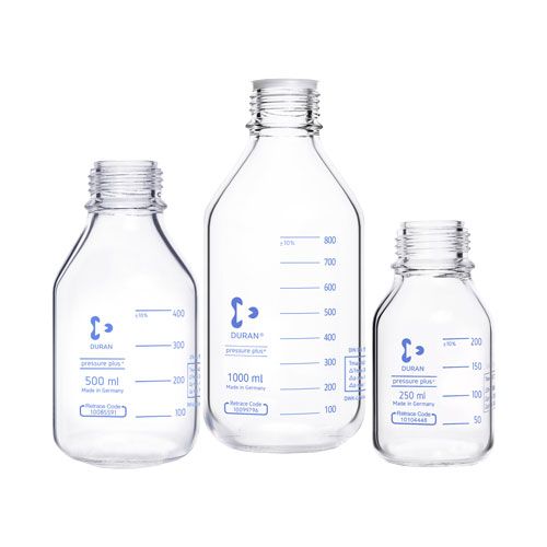 Flacon en verre borosilicaté, pressure plus+, Gainage Synthétique, GL45, sans capuchon, ni bague, DURAN®