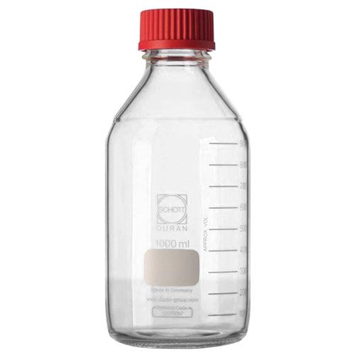 Flacon ISO en verre DURAN®, rond, col GL, avec bouchon rouge PBT