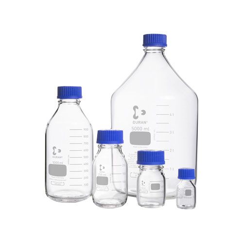 Flacon iso en verre DURAN®, rond, col GL, avec bouchon bleu PP
