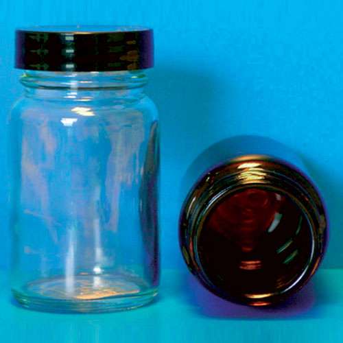 Flacon rond large en verre blanc, ouverture bague GCMI, verre type III
