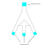 Pie de vache pour distillation 1 entrée rodage femelle 19/26 et 3 sorties rodage mâle prolongé 14/23+allonge à distiller av prise de vide rodage 19/26