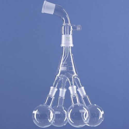 Pis de vache seul forme erlen avec une entrée rodage male et 4 sorties rodages mâles prolongés 14/23 pour ballon 250 ml, LENZ®