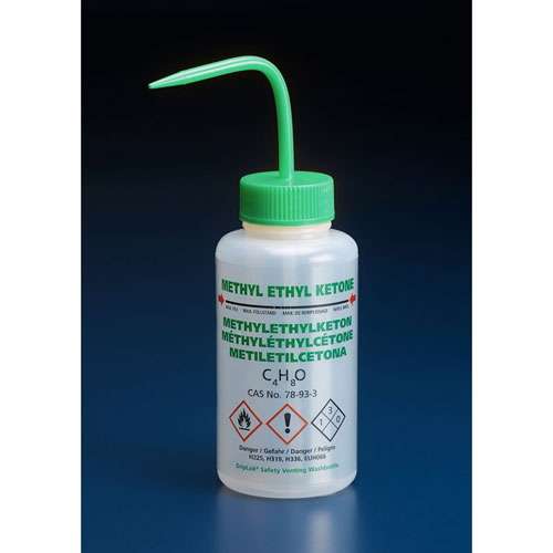 Pissettes Méthyl Ethyl Cétone, multi-lingues, 500ml, col large, PP, bouchon vert, AZLON®, paquet 5