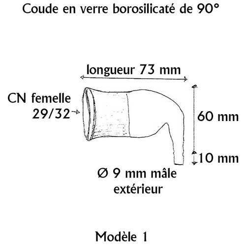 Raccord en verre borosilicaté coudé à 90°C rodage femelle 29/32 avec olive en verre latéral Ø 9 mm