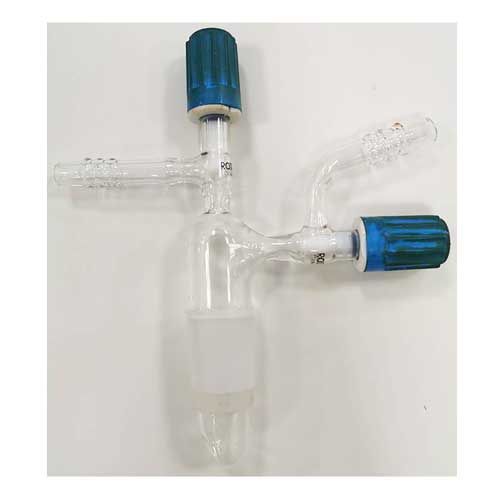 Raccord en verre droit avec rodage mâle prolongé 29/32 et avec 2 robinets à pointeau en PTFE l'un en haut et l' autre latéral