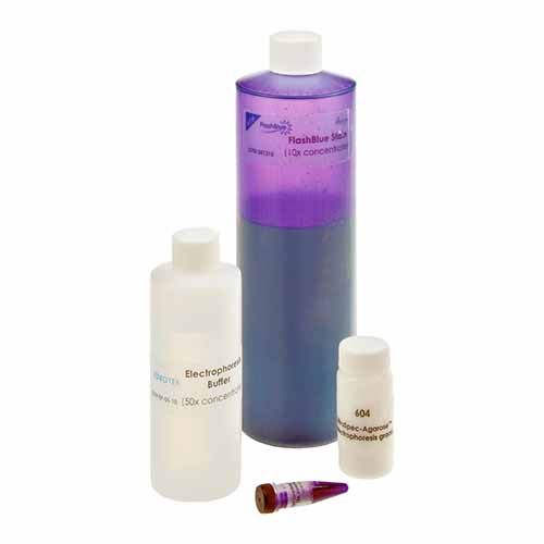 Réactifs EDVOTEK, Agarose (10 g), tampon 100 mL (50x), charge de gel 0.5 mL (10x), colorant de suivi (pour 5 ml d'échantillons), FlashBlue™ (10x)