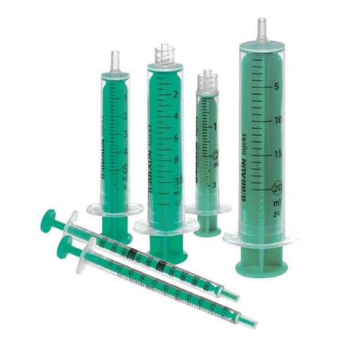 Seringue à usage unique, 2pièces, stériles, avec piston vert et embout Luer