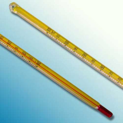 Thermomètre à alcool (liquide rouge) Sur tige émaillée jaune en verre